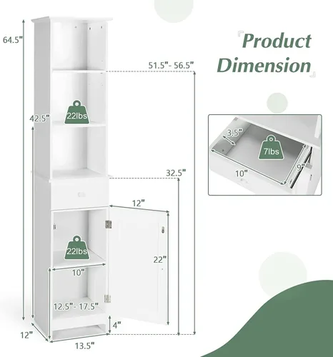Vista 3 de MAT EXPERT Armario alto de baño, armario de almacenamiento independiente con estante y cajón de 3 niveles, torre estrecha de lino para baño