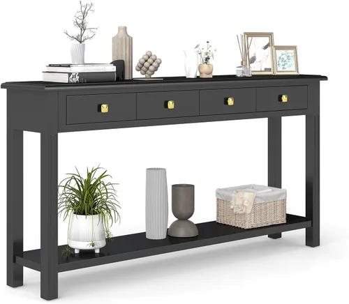 Vista 11 de Mesa consola con cajón, mesa de entrada larga estrecha con estante inferior para pasillo, entrada y sala de estar, color negro