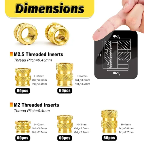 Vista 3 de 300 piezas de inserciones roscadas M2 M2.5 para plástico con puntas de ajuste térmico, kit de inserciones de ajuste térmico M2 y M2.5, inserciones