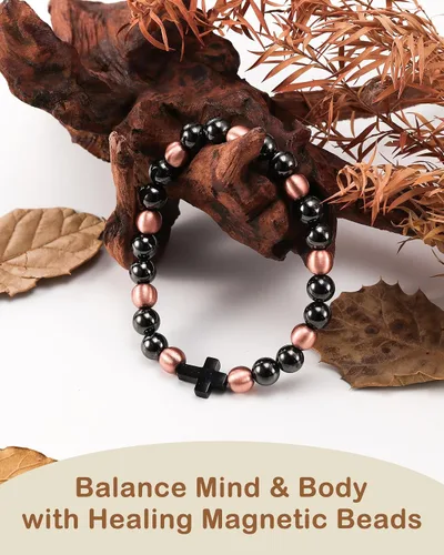 Vista 9 de Feraco Pulsera magnética de cobre puro para hombres y mujeres, 0.315 in, 99.99% cobre sólido y 3500 cuentas de hematita magnética Gauss, pulsera