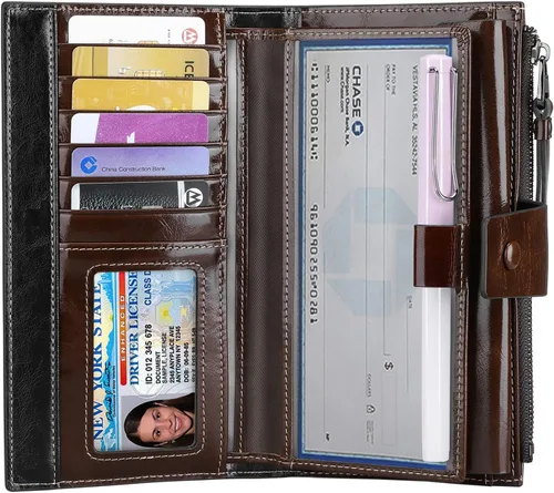 Vista 2 de Itslife Cartera de cuero con bloqueo RFID de gran capacidad para mujer, cartera de chequera auténtica, Oilcoffee, Classic