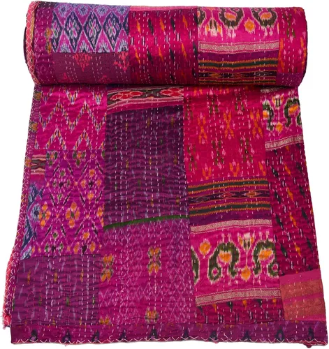 Vista 11 de Marubhumi Colcha india hecha a mano de seda india Sari Kantha acolchado patchwork (negro, individual (60 x 90 pulgadas)