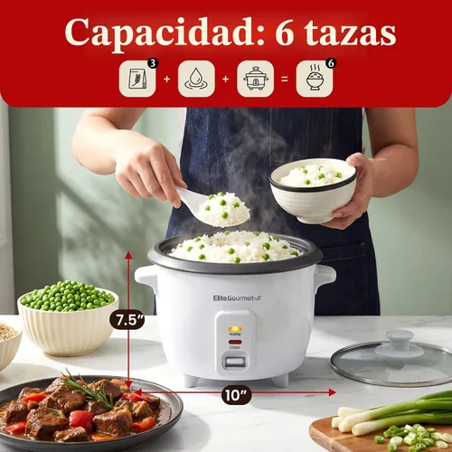 Vista 3 de Elite Gourmet Olla arrocera y vaporera, olla antiadherente, blanco, 6 tazas