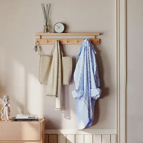 Vista 13 de Ganchos de pared de madera maciza con estante, perchero de pared, estante colgante de entrada con 6 ganchos de latón para sombreros, ropa, toallas