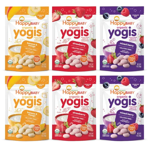 Vista 16 de Happy Baby Organics Yogis Snacks liofilizados de yogur y frutas, plátano y mango, bolsa de 1 onza (paquete de 8) el embalaje puede variar