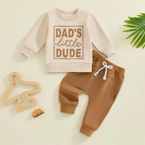 Vista 9 de Conjunto de 2 piezas de sudadera con estampado de letras y cuello redondo para bebé niño