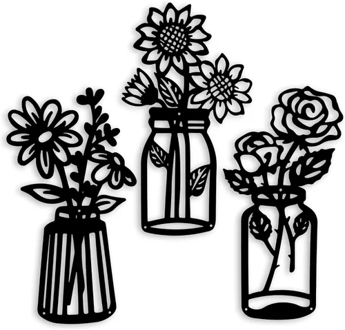 Vista 8 de Qzmaikoo 3 piezas de flores de metal negro para decoración de pared, jarrón, esculturas artísticas para colgar en interiores, cocina, baño, comedor