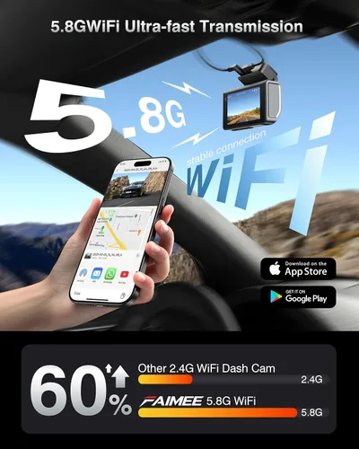 Vista 6 de Cámara de tablero frontal y trasera, cámara de tablero de grabación 4K+2K para automóviles, visión nocturna con WDR, gran angular de 170°, WiFi dual