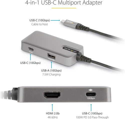 Vista 3 de StarTech Hub USB-C 4 en 1, HDMI 4K 60Hz, modo Alt, 100W PD, MacBook, TAA Extra long 10in 25cm cable, Surface Pro 7 iPad Pro HP Elite, Thunderbolt