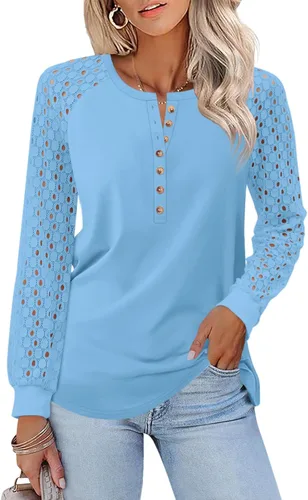 Vista 24 de Minetom Camisetas de manga larga con encaje para mujer, blusas casuales