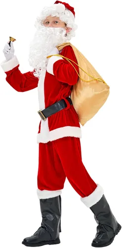 Vista 2 de Kofero Disfraz de Papá Noel para niños, 11 piezas, fiesta de Navidad, juego de cosplay para niños, traje de terciopelo rojo de lujo para niños