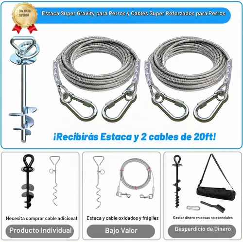 Vista 3 de Cable de amarre para perros y estaca para campamento, con cables resistentes de 2 x 20 pies (hasta 200 libras), anclaje giratorio de 360°
