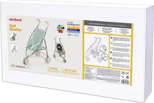 Vista 5 de Miniland Cochecito de muñeca en color menta hasta 15 pulgadas Muñecas. Estructura plegable con rueda direccional fabricada en aluminio y telas