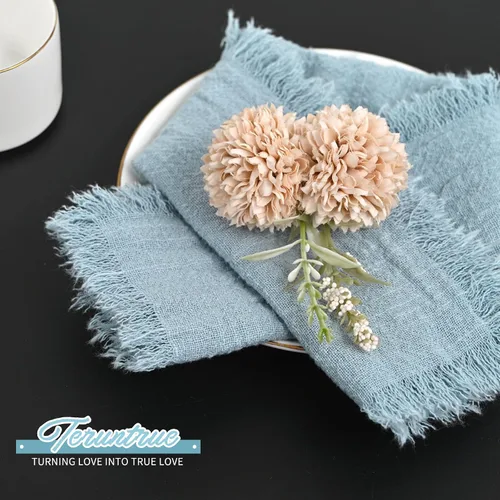Vista 4 de Paquete de 40 servilletas de tela azul polvoriento, servilletas de lino de algodón a granel de 16.5 x 16.5 pulgadas hechas a mano con flecos