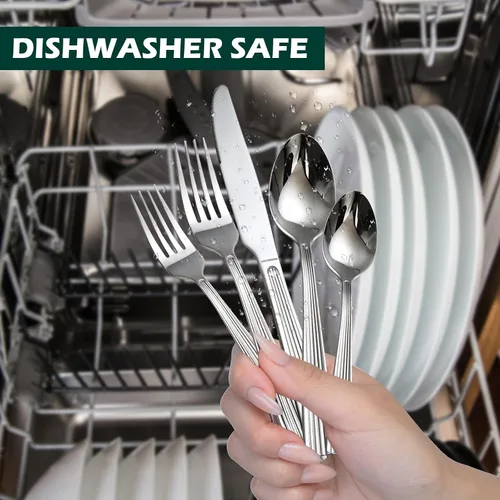 Vista 8 de DECCO - Juego de cubiertos de 20 piezas (tenedor de cena, tenedor de ensalada, cuchillo, cuchara, cucharadita) en cubiertos aptos para lavavajillas