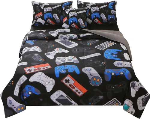 Vista 13 de JQinHome - Juego de edredón Gamer individual para niños y niñas, juego de cama en una bolsa de 6 piezas con diseño de videojuego 3D - Juego de ropa