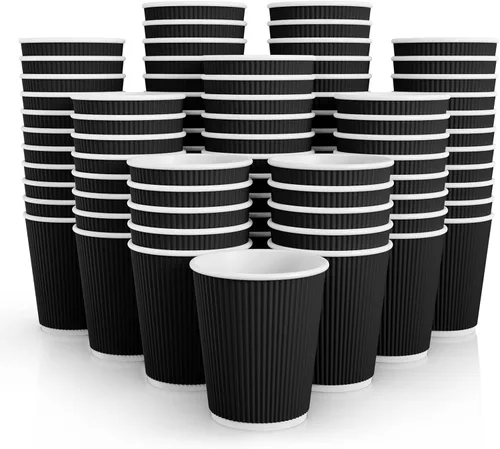 Vista 10 de JollyPack Paquete de 60 tazas de café de papel de 12 onzas, tazas desechables negras con pared ondulada aislada para café, té y chocolate caliente