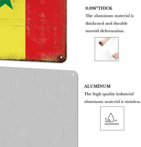 Vista 4 de Letrero de metal con bandera internacional del país, bandera de Senegal, regalo de bandera de Senegal, letreros de aluminio desgastados, decoración