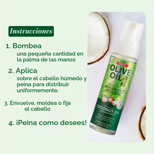 Vista 9 de ORS Set de envoltura de aceite de oliva Hold & Shine Mousse infundida con aceite de coco para un brillo reparador, 7 onzas