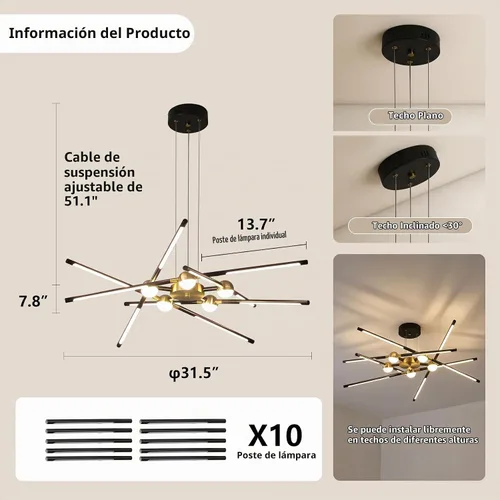 Vista 6 de Candelabro negro moderno, Candelabro Sputnik de 10 luces regulable enchufable, lámpara colgante de techo con instalación empotrada, lámpara colgante