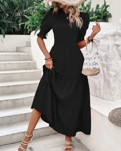 Vista 44 de BTFBM Vestidos para mujer, cuello redondo, casual, de verano, con volantes, manga corta, bohemio, con niveles, fruncido, largo, con estampado floral