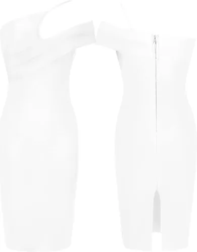 Vista 4 de UONBOX Vestido de vendaje de moda para mujer, con un hombro descubierto, sin mangas, dividido, para fiesta
