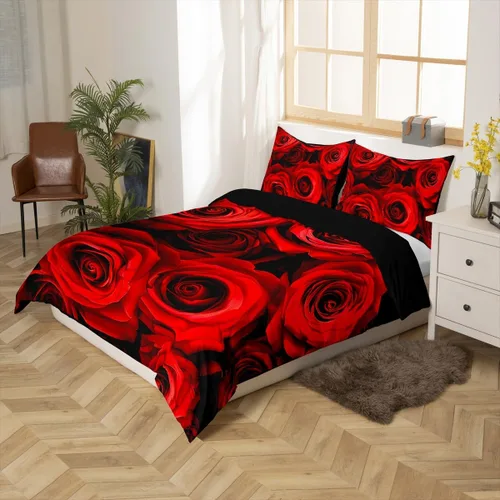 Vista 3 de Juego de funda de edredón de rosa roja, tamaño matrimonial, juego de ropa de cama floral color rojo degradado y negro para niñas, mujeres, niños