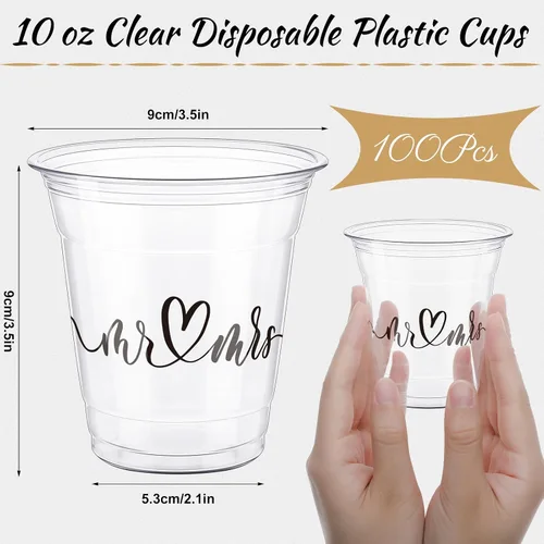 Vista 5 de Dandat Vasos desechables de plástico para boda a granel de 10 onzas con texto en inglés "Mr and Mrs Happily Ever After", vasos desechables