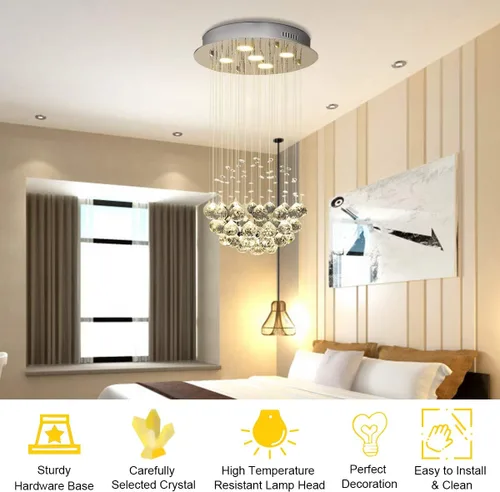 Vista 5 de Tangkula Moderno candelabro de cristal K9, lámpara de techo LED de montaje empotrado para sala de estar, comedor y dormitorio, 5 luces GU10