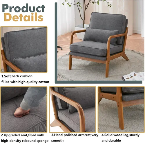 Vista 11 de Silla decorativa para sala de estar, sillón tapizado moderno de mediados de siglo con almohada, sillón de lectura, cómoda silla decorativa para Gris