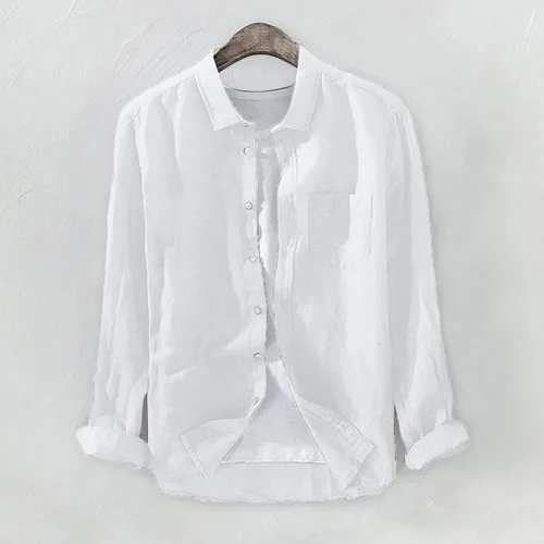 Vista 2 de Camisas de lino de manga larga para hombre, camisa casual sin cuello, cuello alto, camiseta de verano, camisas de manga larga, casuales, M-3XL