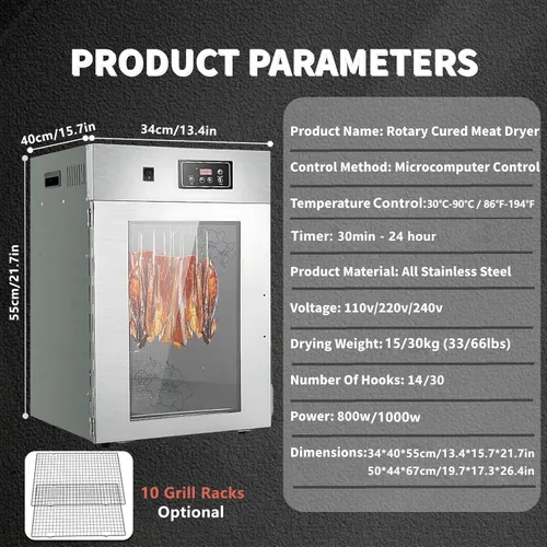 Vista 2 de Commercial Food Dehydrator Machine, 86-194℉ Temperature Control, 800W/1000W Fast Drying Dehydrater, LED Display, Stainless Steel Dehydrator for Meat