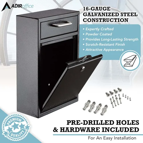 Vista 2 de AdirOffice contenedor con traba - Buzón de correo montado en pared., negro, 631-04-BLK