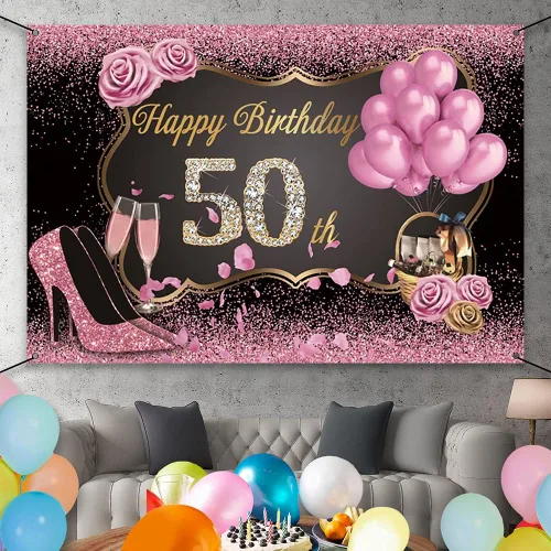 Vista 2 de AWERT Cartel de poliéster de 6 x 3.6 pies con texto en inglés «Happy 50th Birthday» para mujer, cartel de oro rosa para mujer, decoración de fiesta