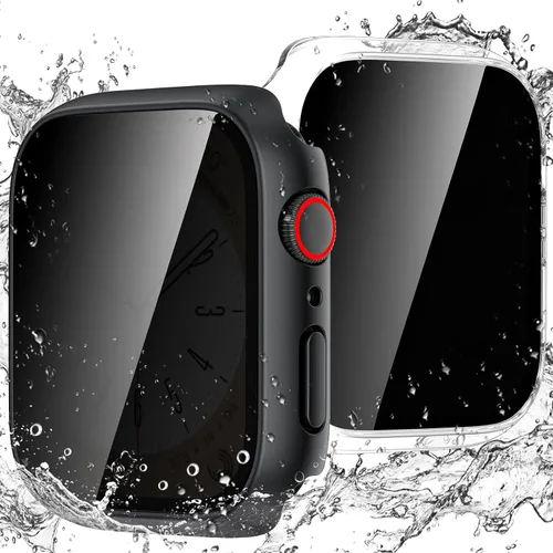 Vista 15 de Goton Funda impermeable con protector de pantalla para Apple Watch, película de vidrio templado antiespía para iWatch, carcasa de policarbonato