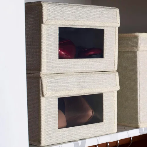 Vista 5 de Household Essentials Caja de zapatos pequeña con panel frontal transparente, resistente mezcla de poliéster, acabado crema, juego de 2