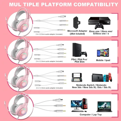 Vista 6 de Emonoo Auriculares para juegos rosa con decoraciones de orejas de gato, auriculares con cable con micrófono de cancelación de ruido y efecto de luz