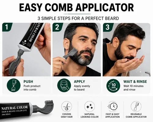 Vista 3 de Peine de tinte para barba para hombre, color negro natural, aplicador
