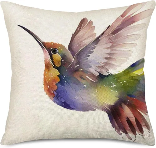 Vista 3 de Juego de 4 fundas de almohada con diseño de colibríes de acuarela, Quetzal resplandeciente de pájaros verdes de naturaleza, fundas de cojín