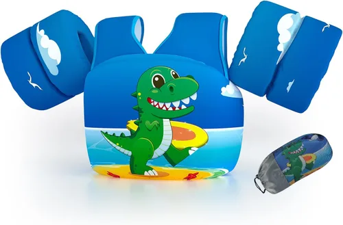 Vista 10 de Chaleco de natación para niños pequeños, apto para niños de 28 a 70 libras, flotadores para niños y niñas, ayuda a la natación, entrenamiento, traje