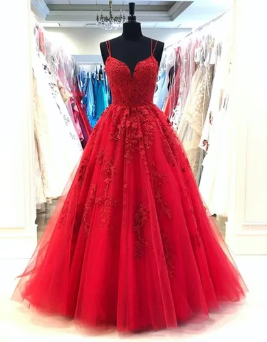 Vista 5 de Kncpti Vestidos de fiesta con cuello en V para mujer, sexy, largo, con apliques de encaje, tirantes delgados, tul largo, formal, vestidos de noche
