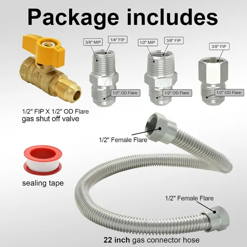Vista 7 de TTFLEX Kit de línea de gas flexible de 22 pulgadas con válvula de cierre de latón de 1/2 pulgada y accesorios MIP de 3/8 pulgadas y MIP de 1/2