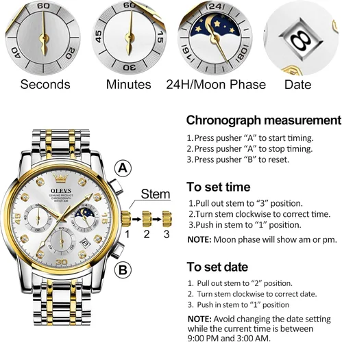 Vista 6 de OLEVS Reloj cronógrafo para hombre, esfera grande, multifuncional, fácil de leer, de acero inoxidable, analógico, de cuarzo, con fecha, de lujo