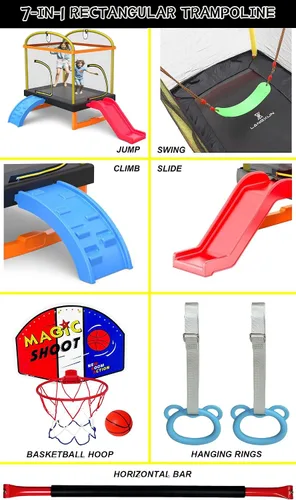 Vista 2 de Trampolín rectangular de 6.5 pies con columpio de baloncesto para escalada al aire libre para niños, trampolines de recreación con red de seguridad