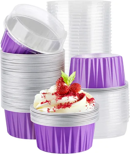 Vista 11 de EUSOAR Moldes desechables de papel de aluminio con tapas, 30 piezas de 5 onzas (4.2 fl oz) de papel de aluminio para magdalenas, tazas para hornear