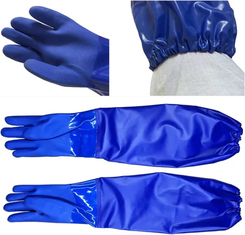 Vista 2 de Guantes largos de goma resistentes al agua con forro de algodón, guantes resistentes a productos químicos, longitud del codo, talla L