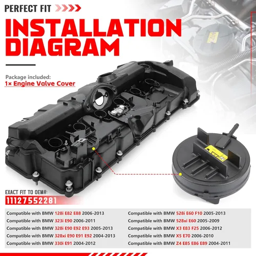 Vista 2 de Cubierta de válvula de motor compatible con BMW 128i 328i 330i 528i X3 X5 Z4 E90 E91 E92 E93 E60 F10 E70 (reemplaza a 11127552281)