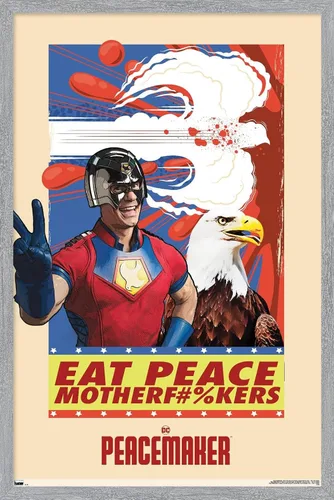 Vista 16 de DC Comics TV Peacemaker - Póster de pared Eat Peace, 22.4 pulgadas de largo x 14.7 pulgadas de ancho, versión enmarcada de madera de granero Versión