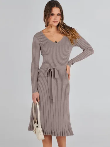 Vista 3 de ANRABESS Vestido tipo suéter de manga larga con cuello en V para mujer, plisado, ajustado, acanalado, de punto, con cinturón