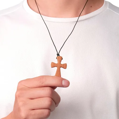 Vista 5 de Collar con colgante de cruz de madera natural tallada a mano para hombres y mujeres